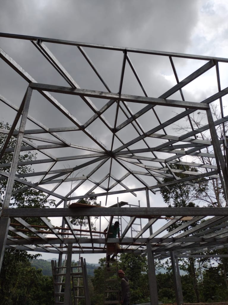 A partially constructed building with a geometric metal framework under a cloudy sky. Trees are visible in the background, and a person stands on scaffolding within the structure.